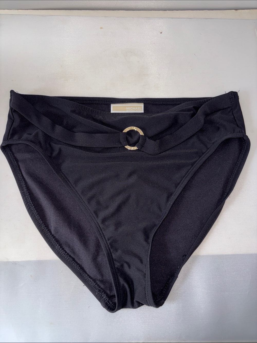 MICHAEL Michael Kors Black High-Waist Swim Bottom with Gold Ring Accent